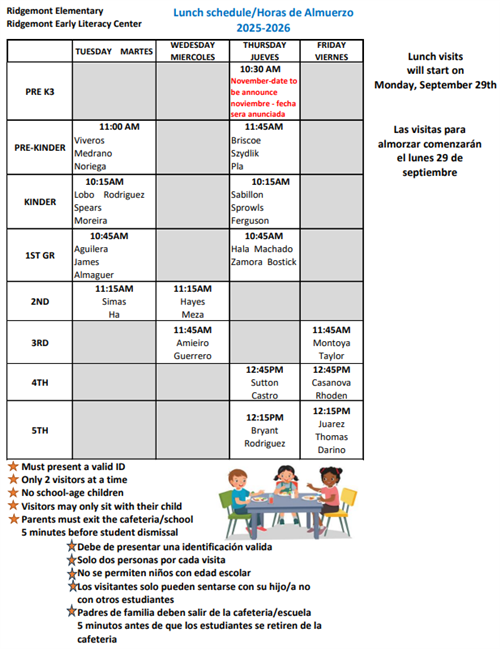  ELC Lunch Schedule/Horario del almuerzo